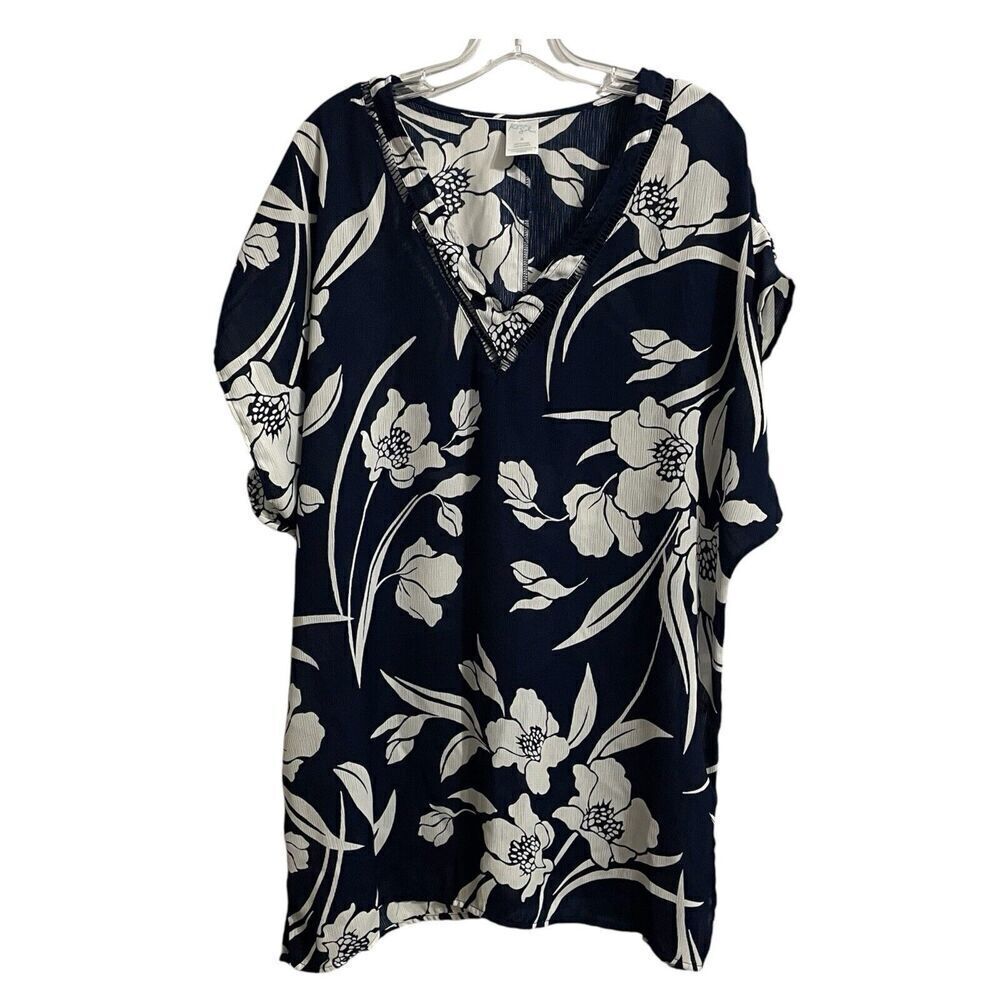 Kona Sol Swim Coverup Women Size Medium Blue White Tropical Floral Beach …